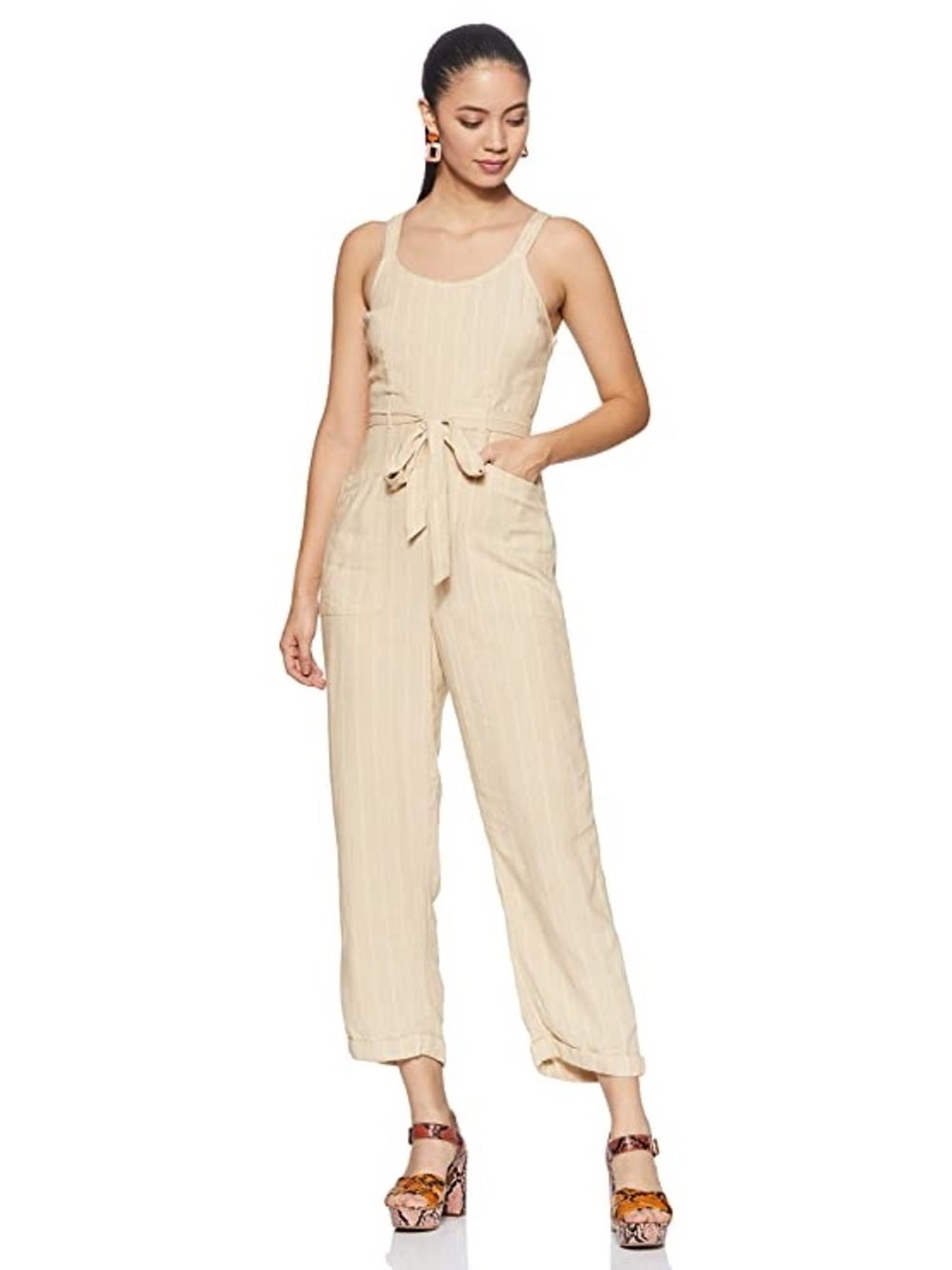 American Eagle Outfitters Beige Tie-Waist Wide-Leg Jumpsuit